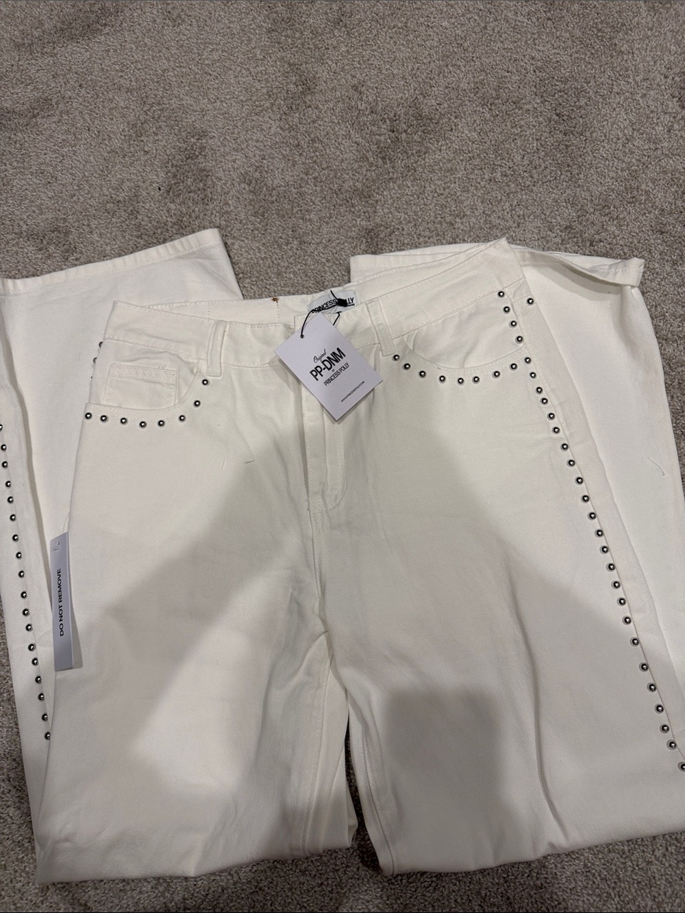 Princess Polly Cream Straight-Leg Jeans with Stud Trim
